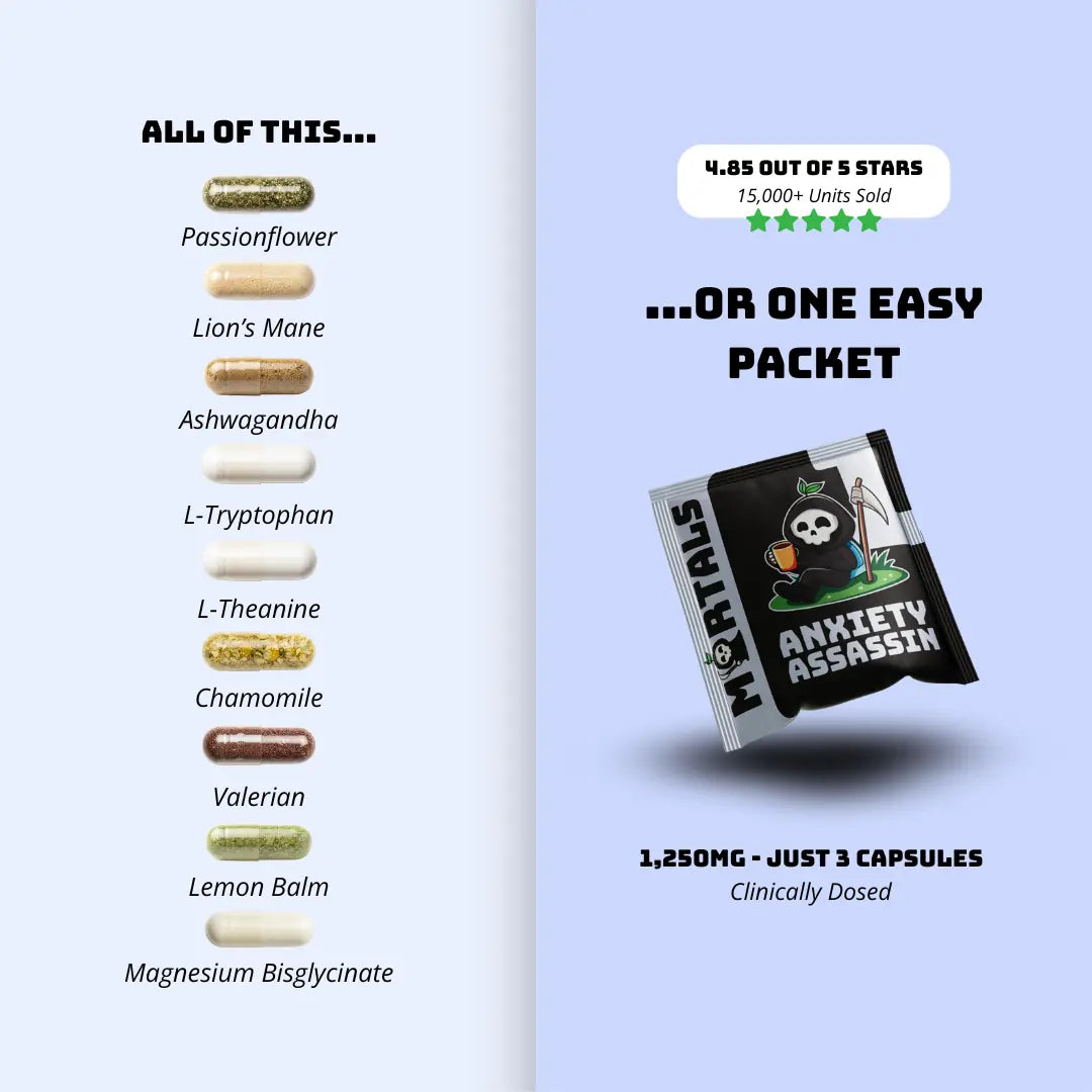 Infographic displaying all 9 natural ingredients in Anxiety Assassin including ashwagandha GABA L-theanine and magnesium