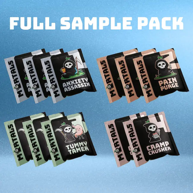 Mortals Full Sample Pack with all four natural supplement sachets including Anxiety Assassin Pain Purge Tummy Tamer and Cramp Crusher