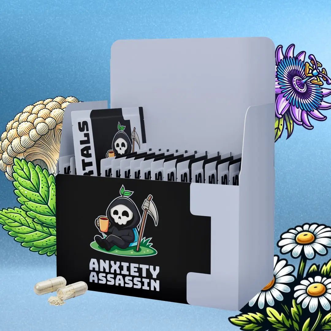 Anxiety Assassin natural anxiety relief supplement sachet angled view showing Mortals branding