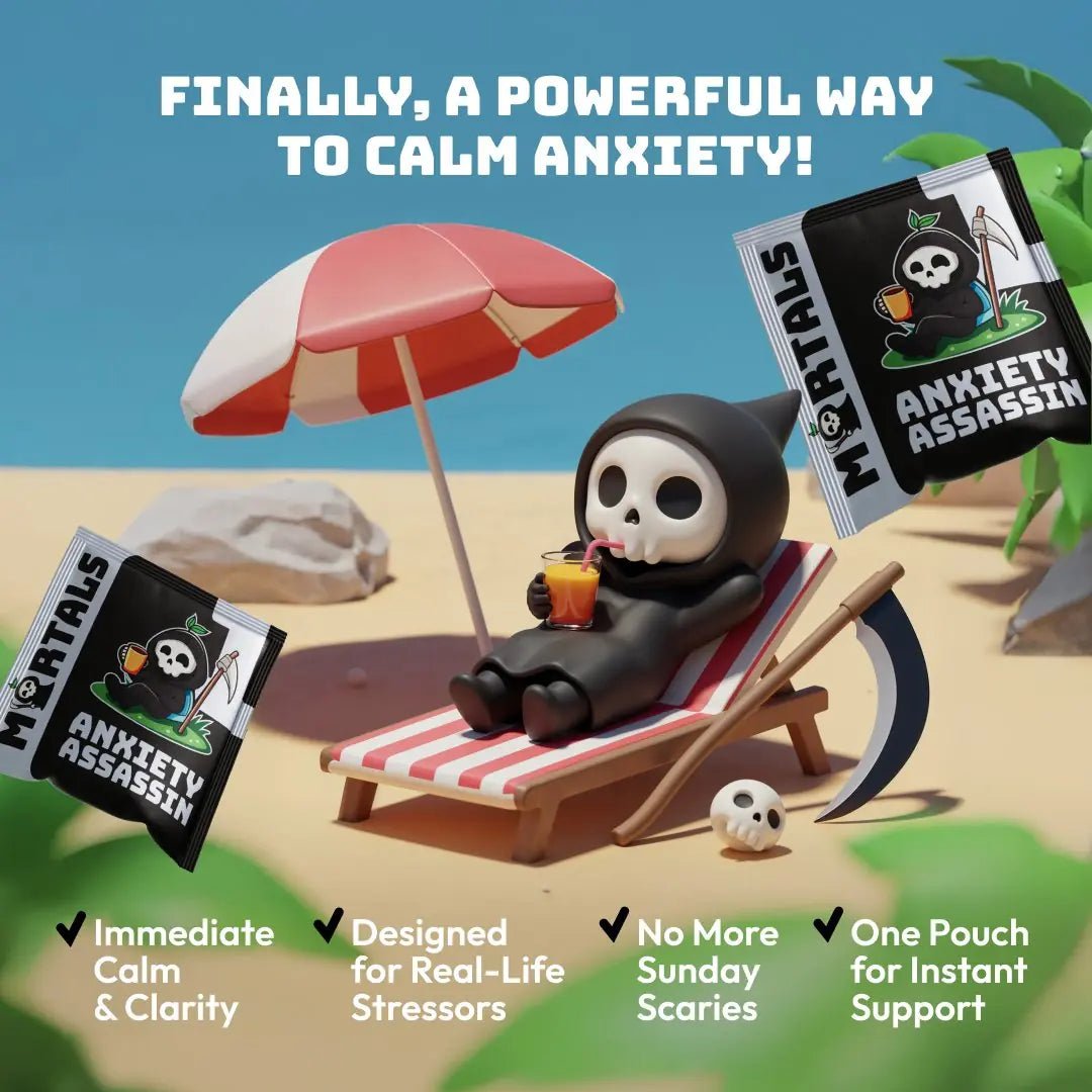 Person holding Mortals Anxiety Assassin sachet showing fast-acting natural anxiety relief supplement