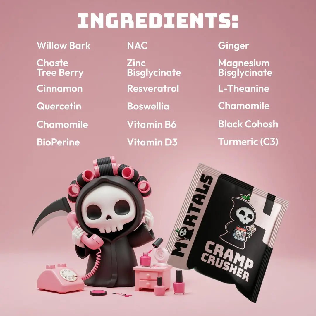 Cramp Crusher supplement facts label showing 17 clinical-dose natural ingredients for period pain relief