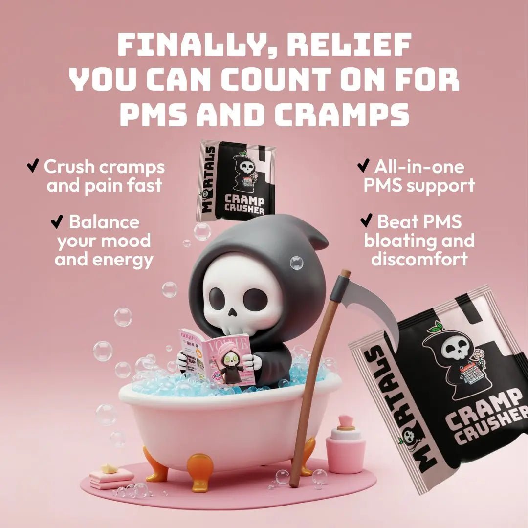 Person holding Mortals Cramp Crusher sachet for fast-acting natural menstrual cramp and PMS relief