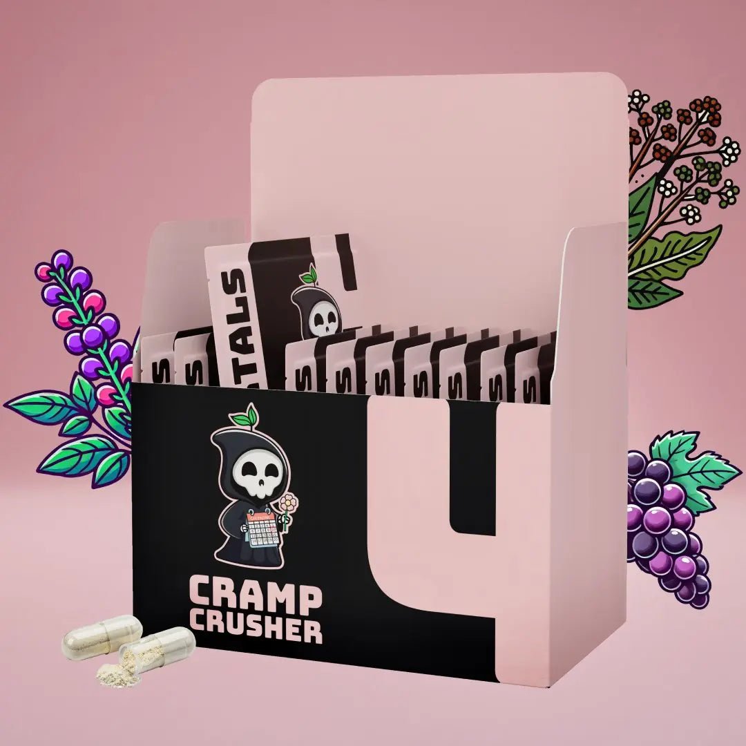 Cramp Crusher natural menstrual relief supplement sachet angled view showing Mortals branding