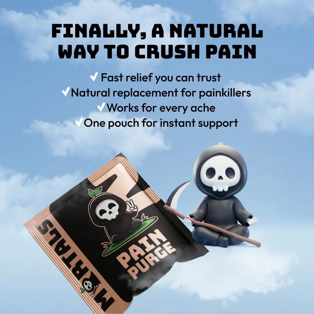 Person holding Mortals Pain Purge sachet for fast-acting natural pain and inflammation relief