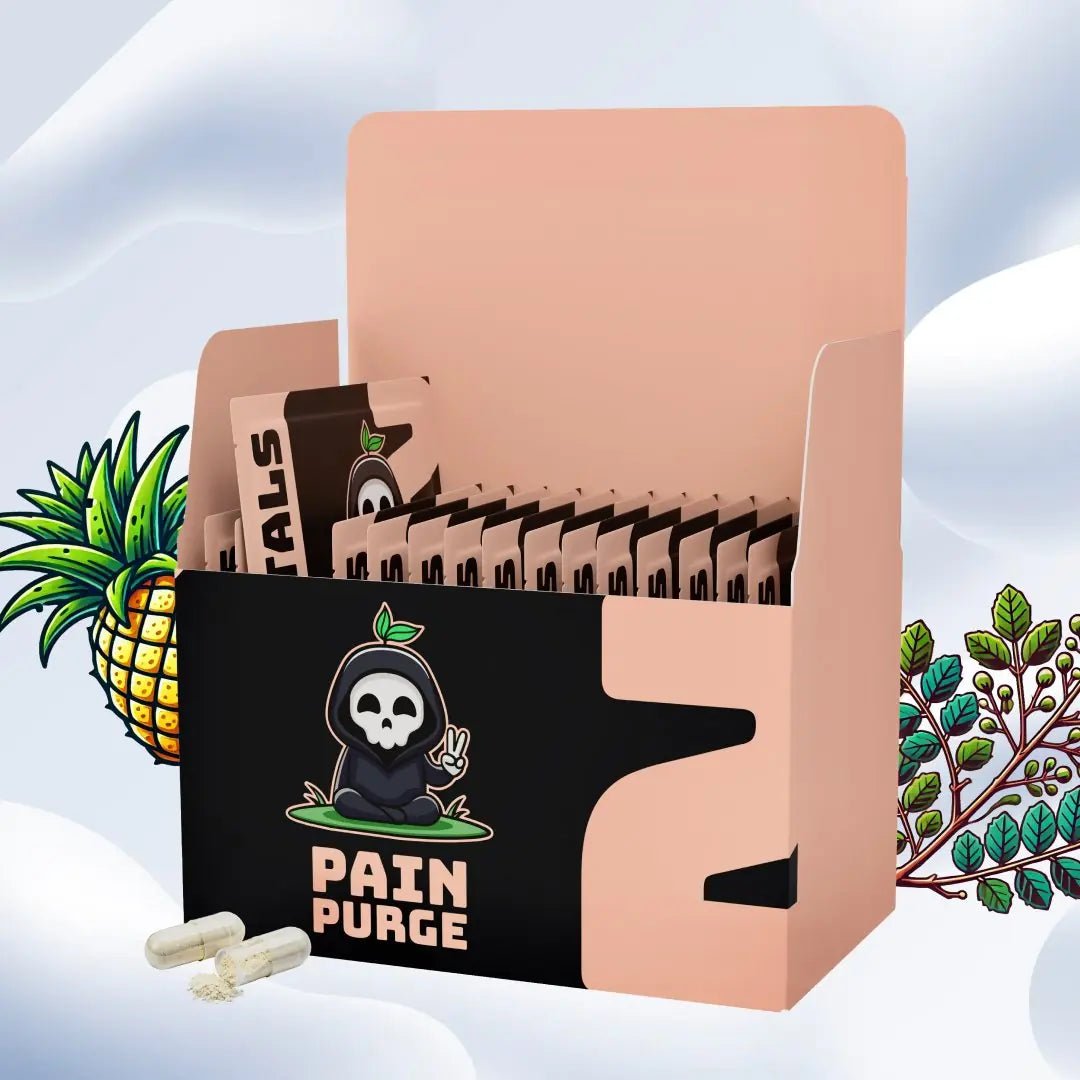 Pain Purge natural pain relief supplement sachet angled view showing Mortals branding and 7-ingredient formula