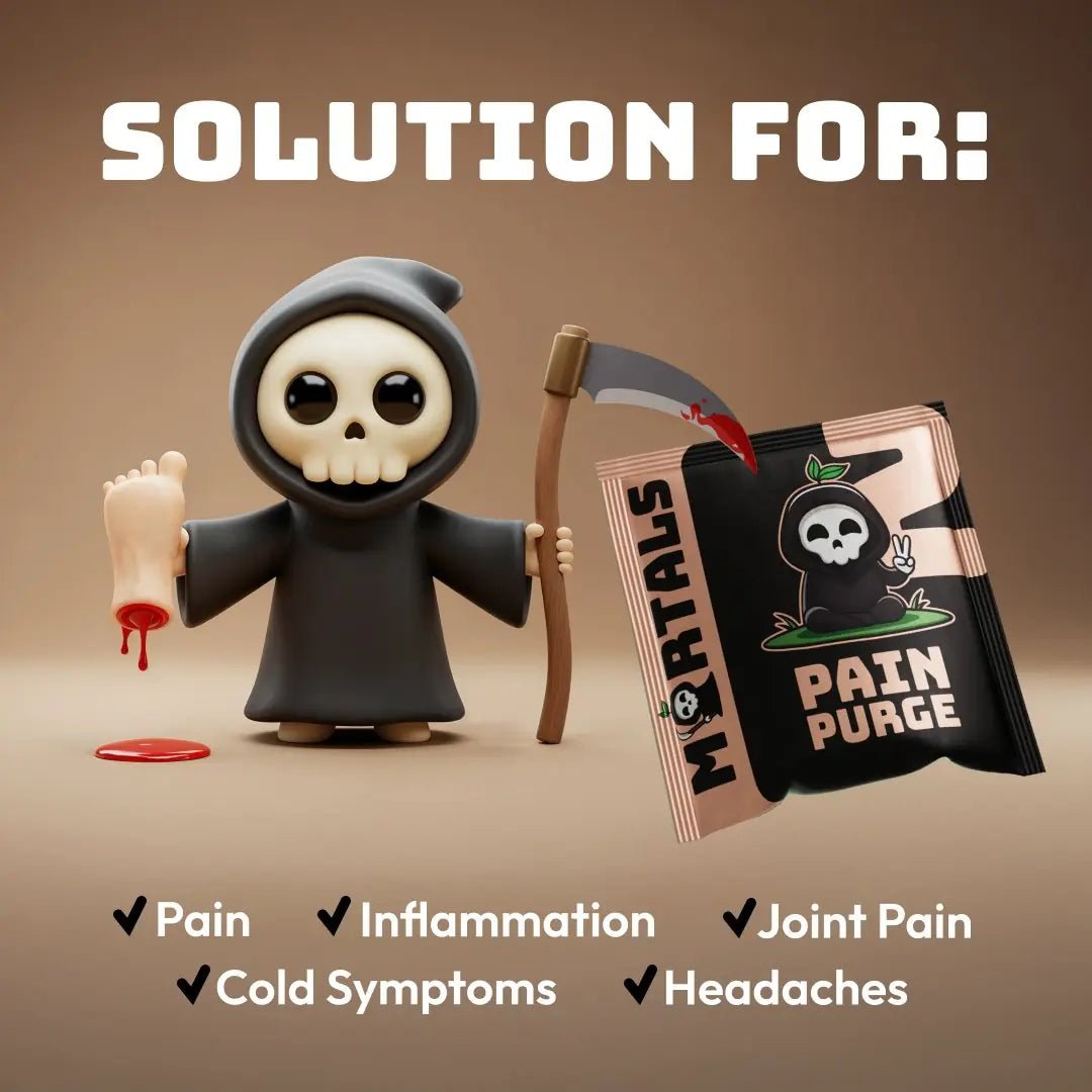 Pain Purge supplement facts label showing 7 clinical-dose natural pain relief ingredients including turmeric and boswellia