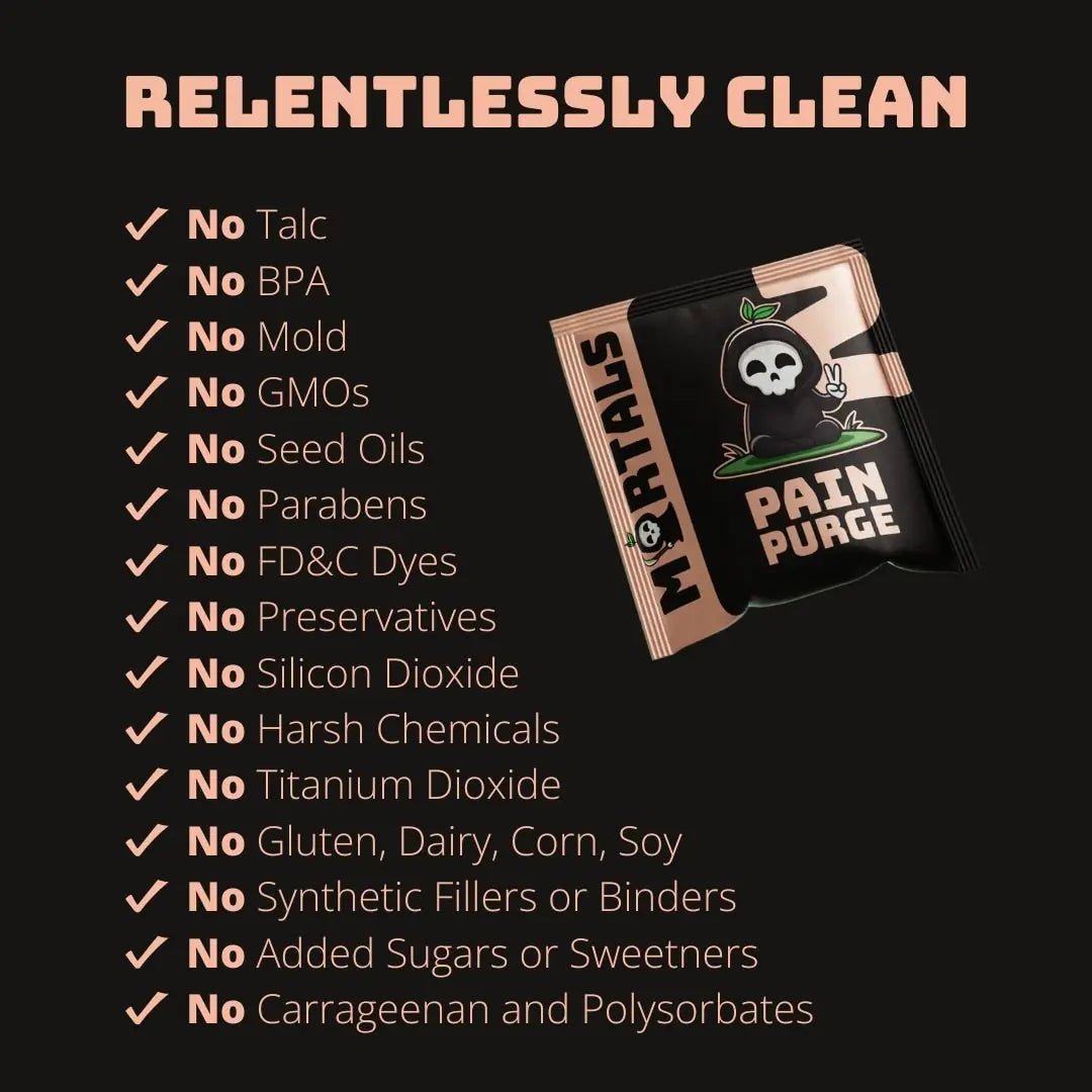 Lifestyle shot of Mortals Pain Purge supplement sachet showing portable on-the-go pain relief