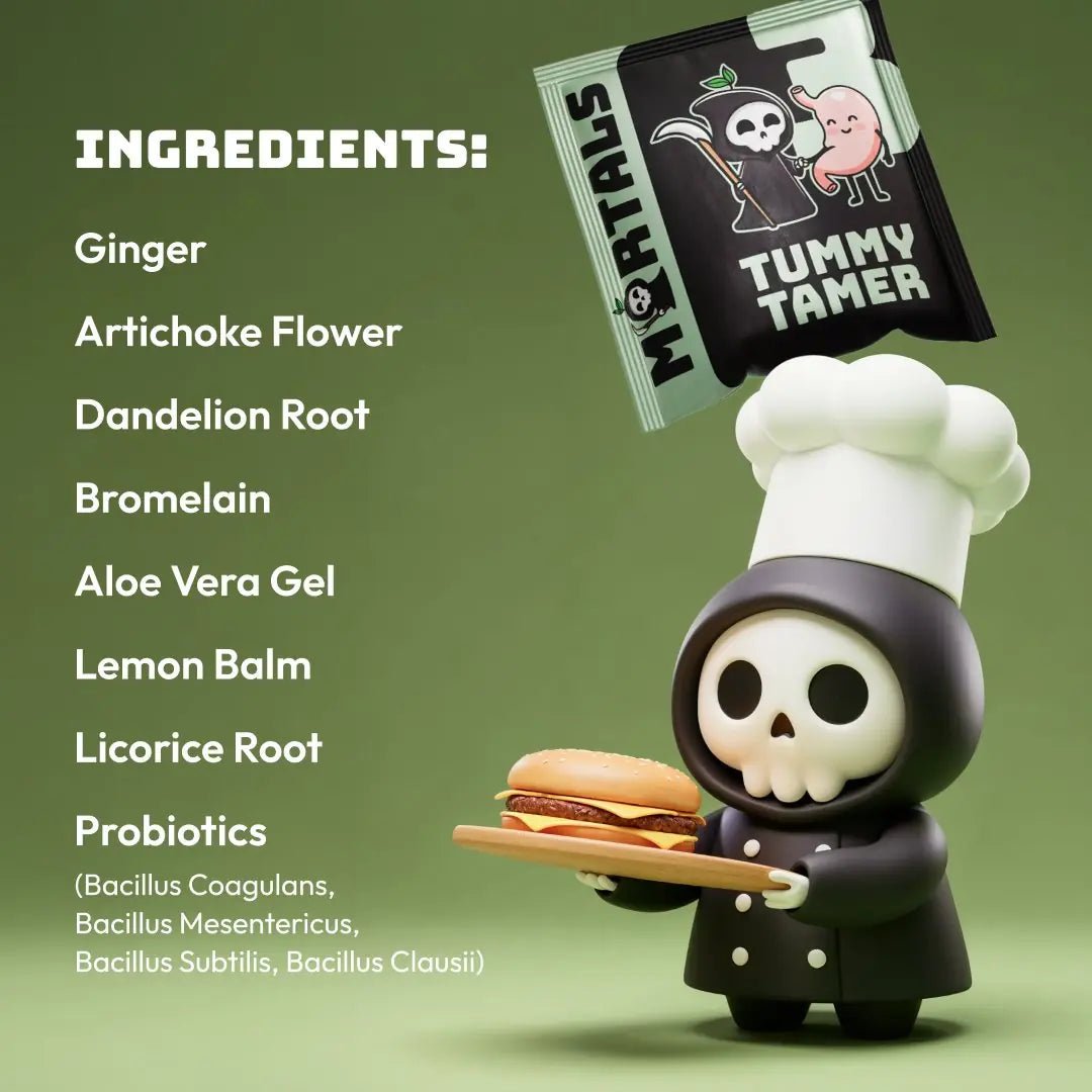 Two Tummy Tamer probiotic capsules displayed next to Mortals single-serve sachet pouch