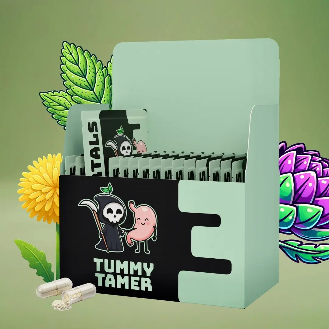 Tummy Tamer natural digestive relief supplement sachet angled view showing Mortals branding