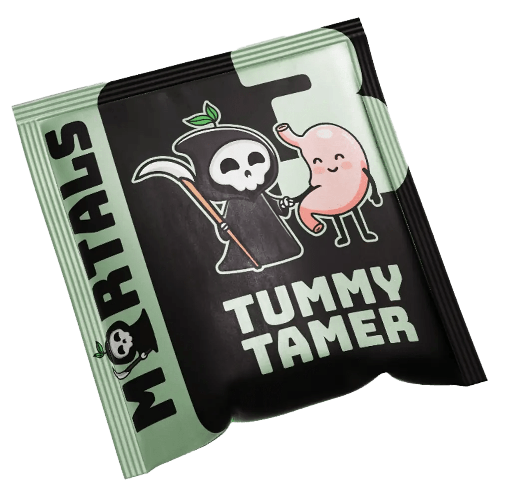 Mortals Tummy Tamer single-serve sachet front packaging with grim reaper logo and green design