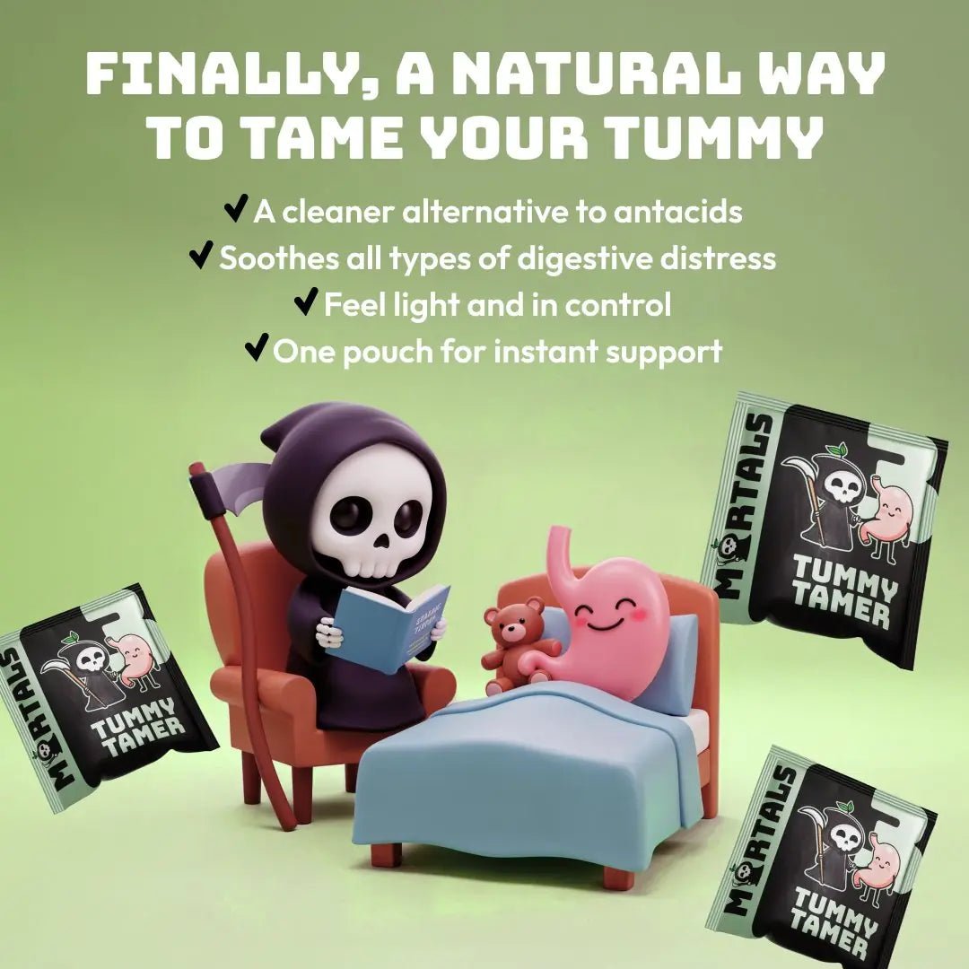 Person holding Mortals Tummy Tamer sachet for fast-acting natural digestive and gut health support