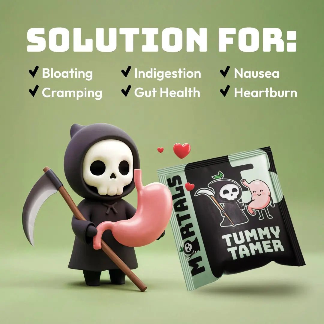 Tummy Tamer supplement facts label showing 8 clinical-dose digestive ingredients plus probiotics