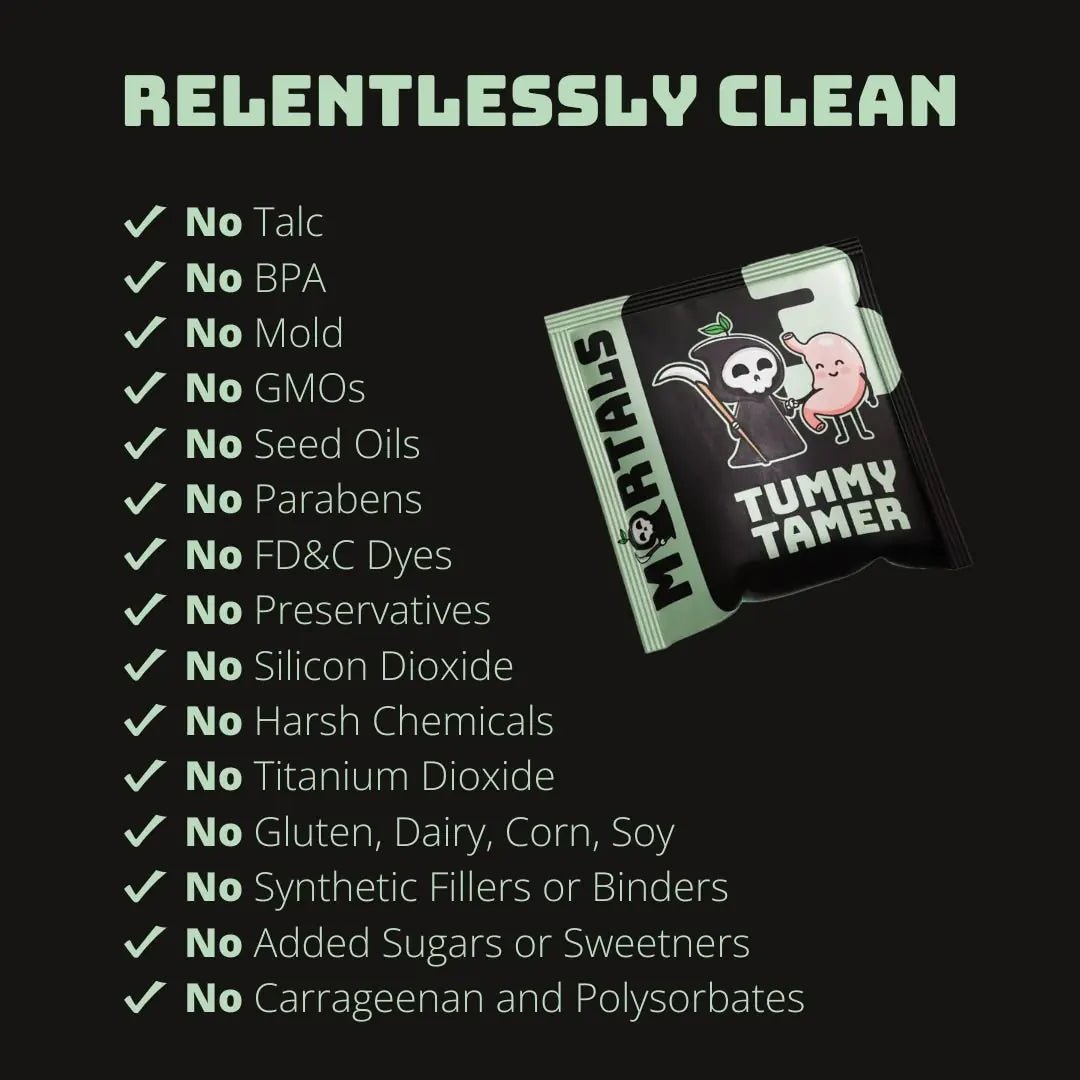 Lifestyle shot of Mortals Tummy Tamer supplement sachet showing portable on-the-go digestive relief