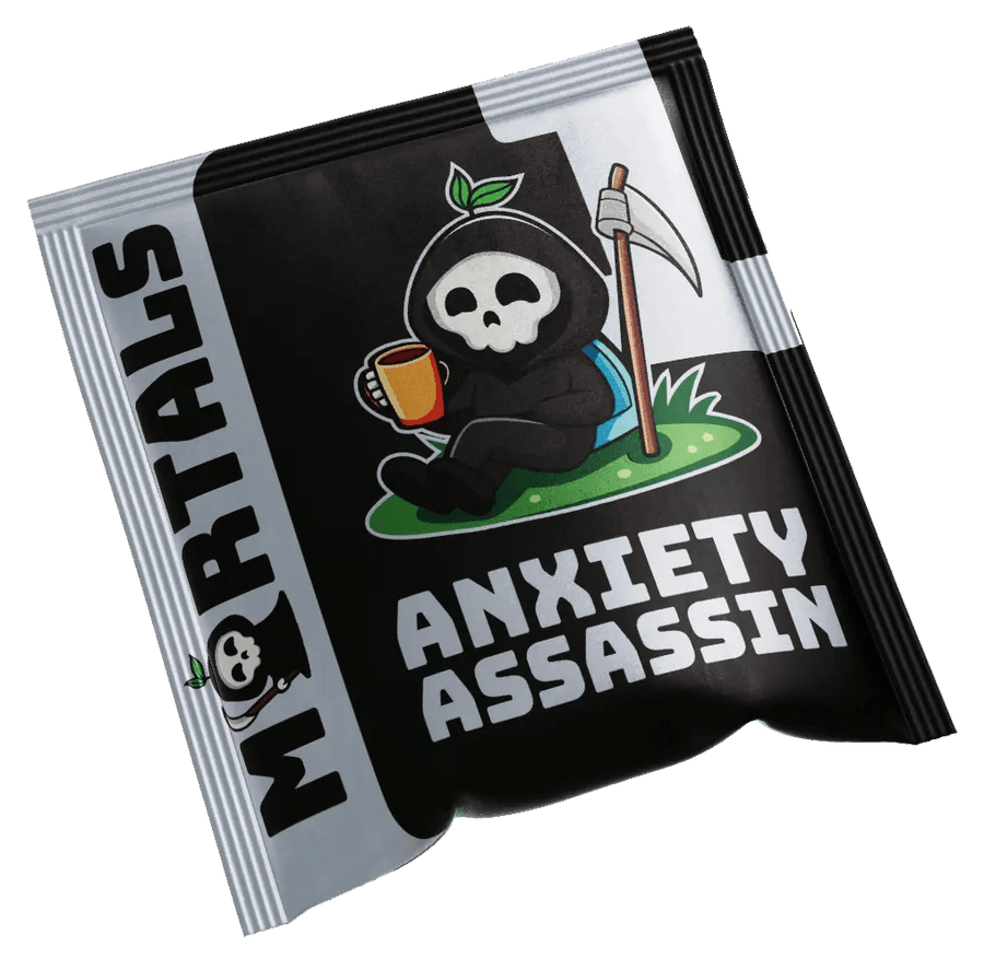 Mortals Anxiety Assassin single-serve sachet front packaging with grim reaper logo and blue-purple design