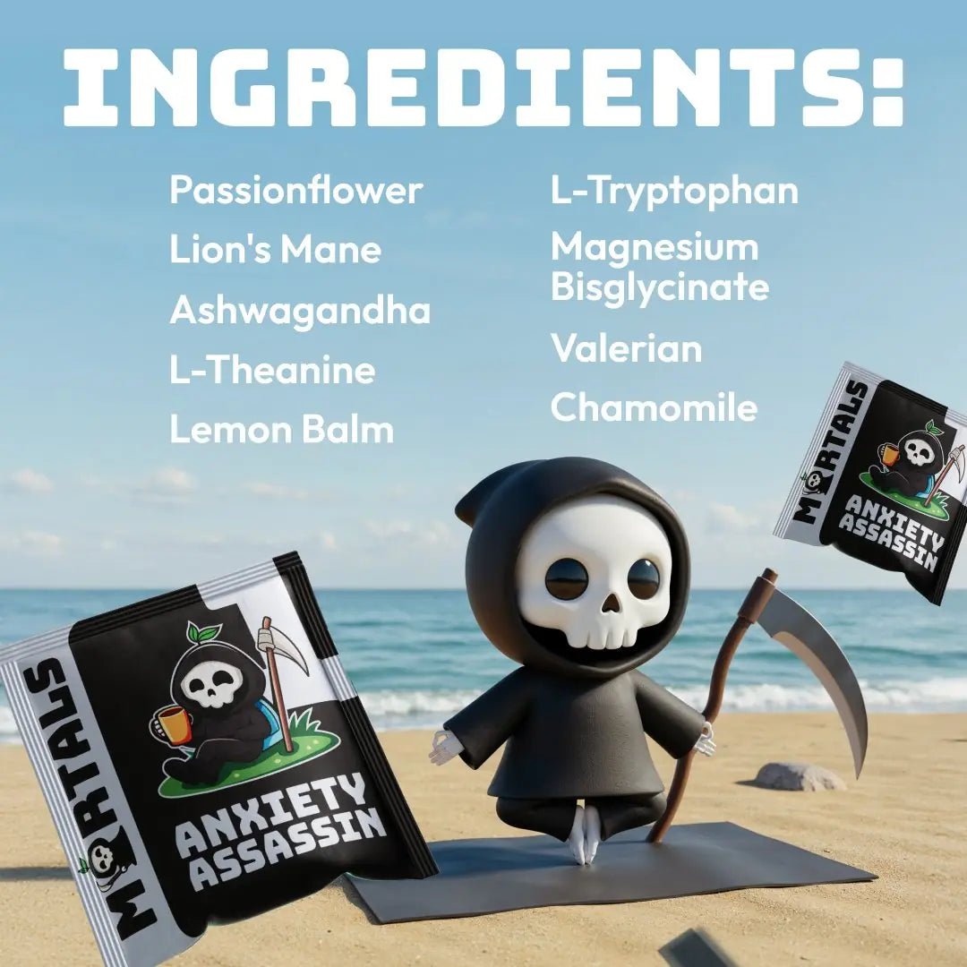 Three Anxiety Assassin capsules spilling out of Mortals single-serve sachet pouch