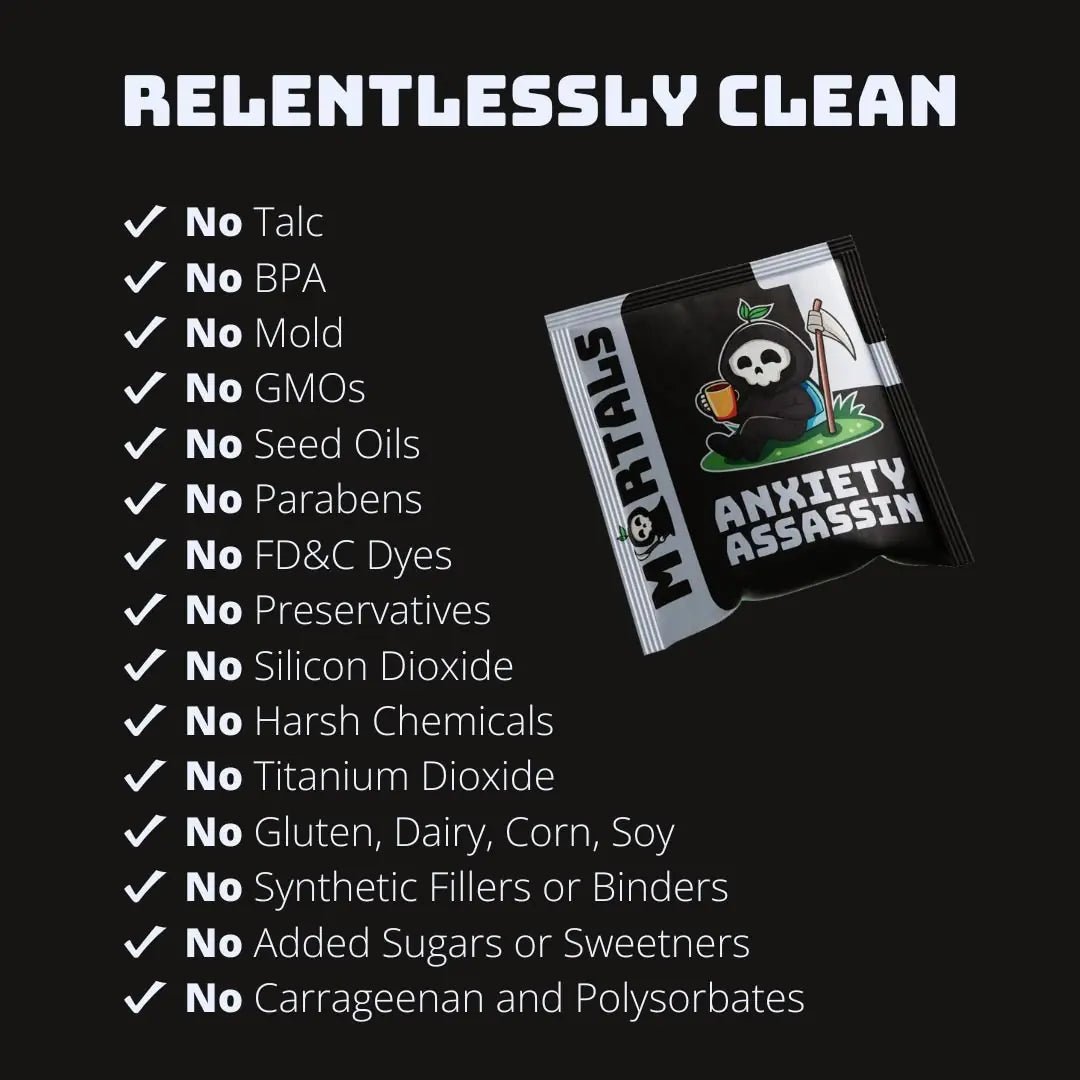 Lifestyle shot of Mortals Anxiety Assassin supplement sachet in everyday carry setting