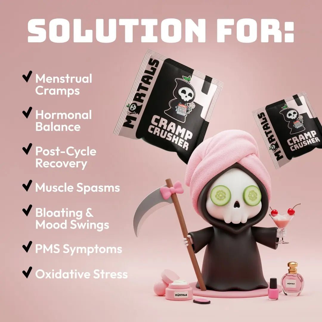 Five Cramp Crusher capsules displayed next to Mortals single-serve sachet pouch