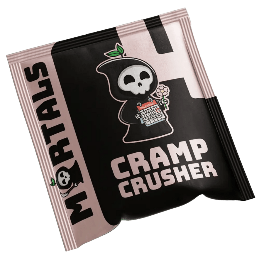 Mortals Cramp Crusher single-serve sachet front packaging with grim reaper logo and pink design
