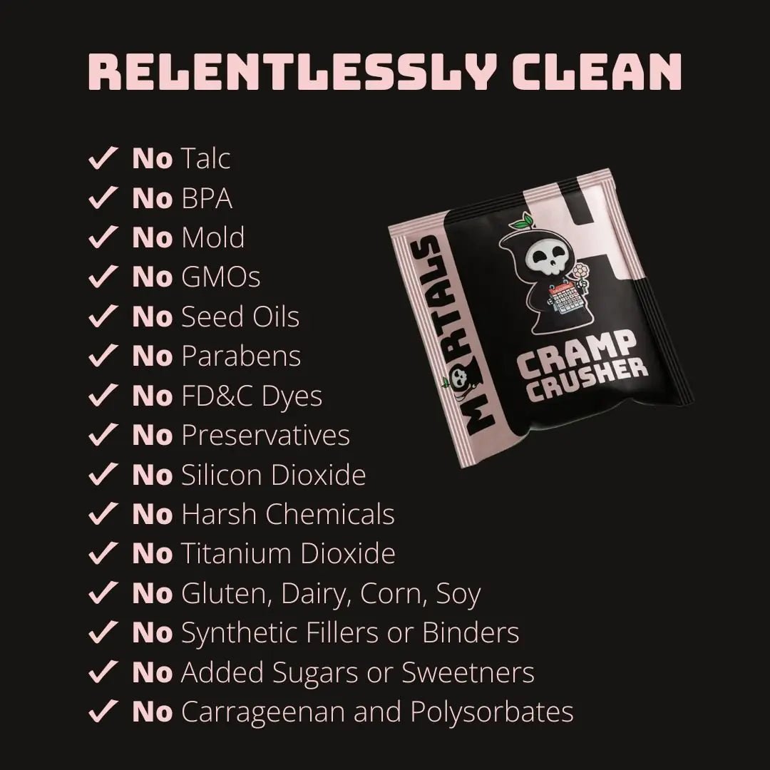 Mortals Cramp Crusher single-serve sachet back packaging with usage directions and 17 natural ingredient list