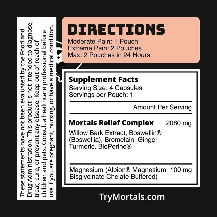 Mortals Pain Purge single-serve sachet back packaging with usage directions and natural ingredient list