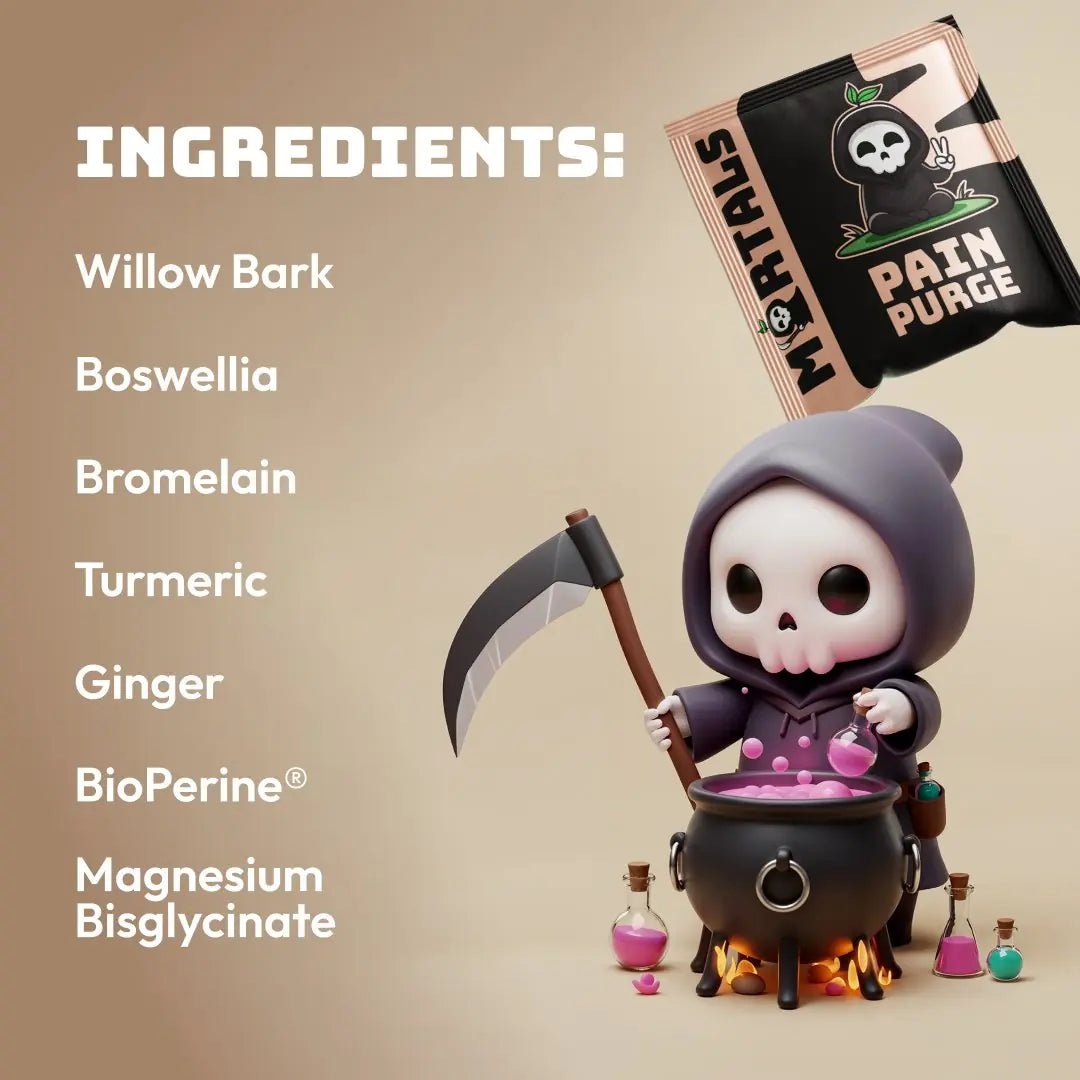 Four Pain Purge capsules displayed next to Mortals single-serve sachet pouch
