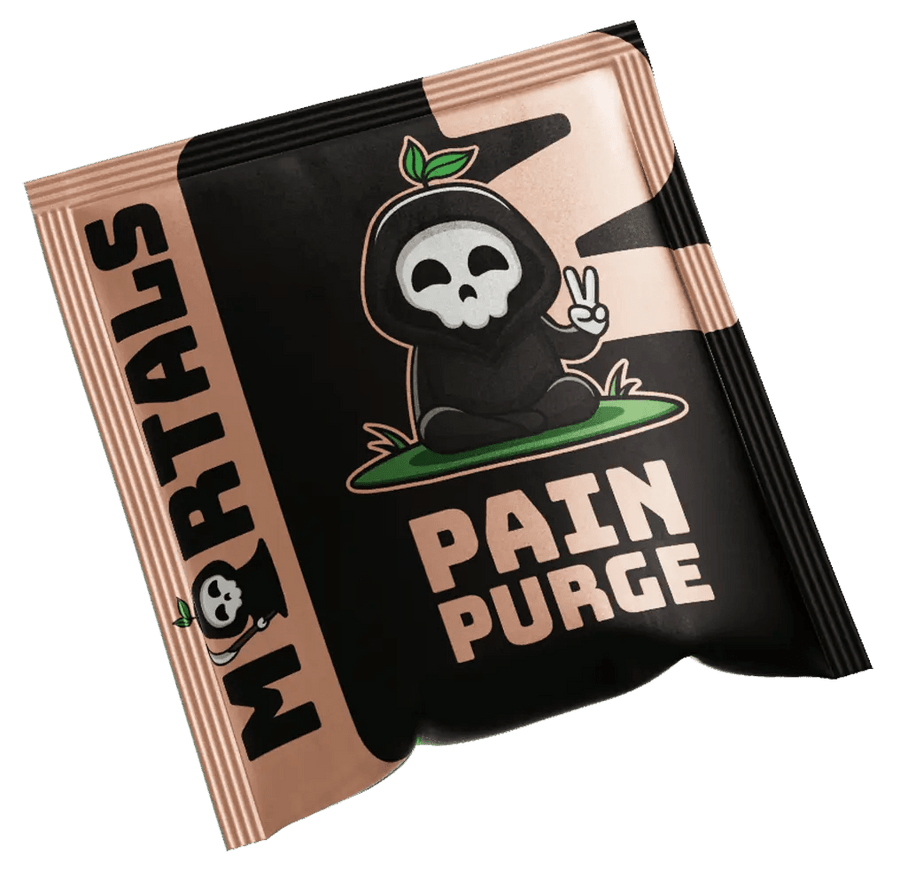 Mortals Pain Purge single-serve sachet front packaging with grim reaper logo and orange-red design